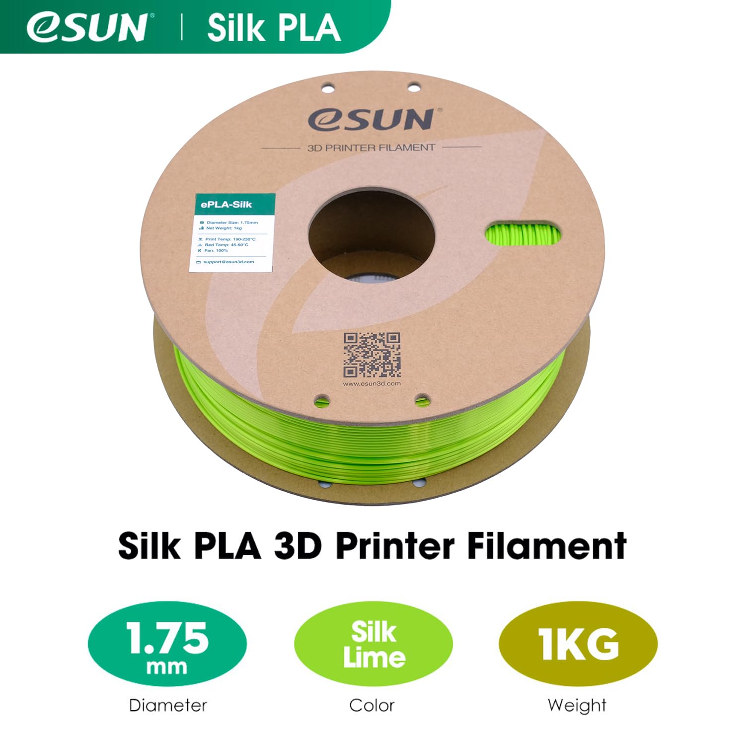 eSUN Filamento PLA Seta 1.75mm, Filamento PLA per Stampante 3D Lucido Serico, Precisione Dimensionale +/- 0.05mm, Bobina da 1KG (2.2 LBS) Filamento per Stampa 3D per Stampanti 3D, Seta Verde Chiaro