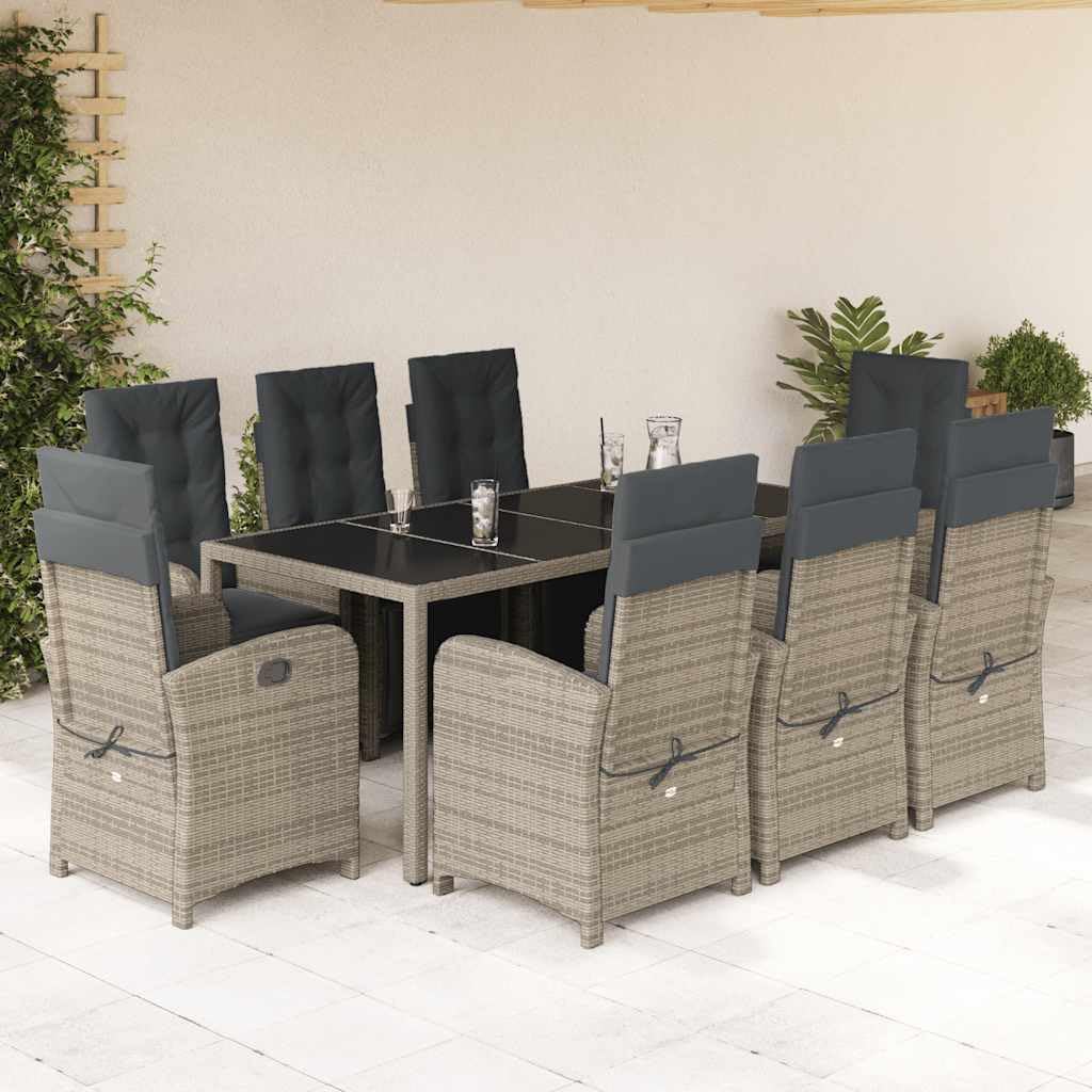 Set da Pranzo Giardino 9 Pezzi con Cuscini Polyrattan Grigio