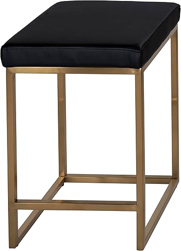 Taburete cuadrado Adele en acero inoxidable dorado cepillado, Leathermatch negro
