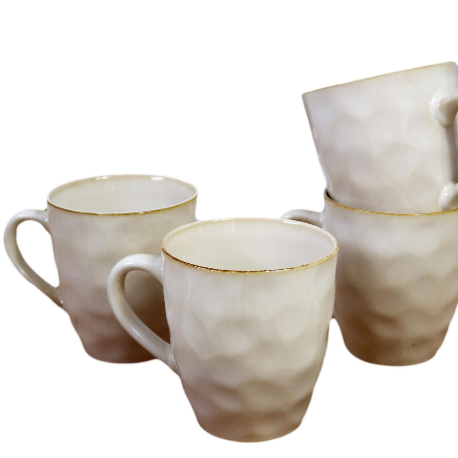 Darthome Hammered Stoneware Mugs 380ml Set of Four Large Cream Dimple Round Kitchen Cups