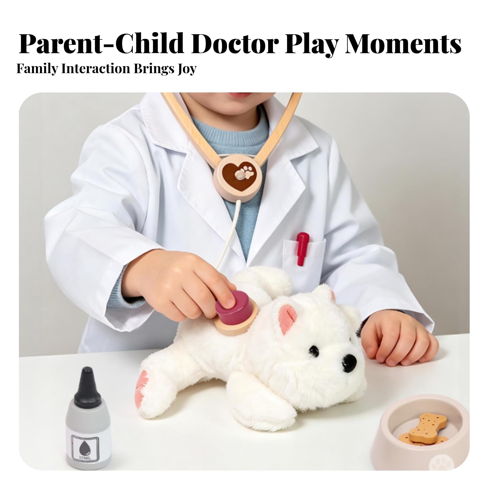 Giocattolo Veterinario Bambini Set Medico Animali Set Animali Trasportino Peluche in Legno E Peluche con Accessori Finti per Controlli E Trattamenti