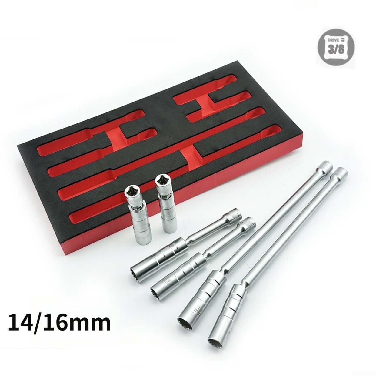 Drehbares Zündschlüssel-Set, 3/8-Zoll-Antrieb, magnetisch, dünnwandig, 14 mm, 16 mm, Chrom-Vanadium-Stahl, drehbare Verlängerung für Auto, Motorrad, enge Räume (6 Stück)