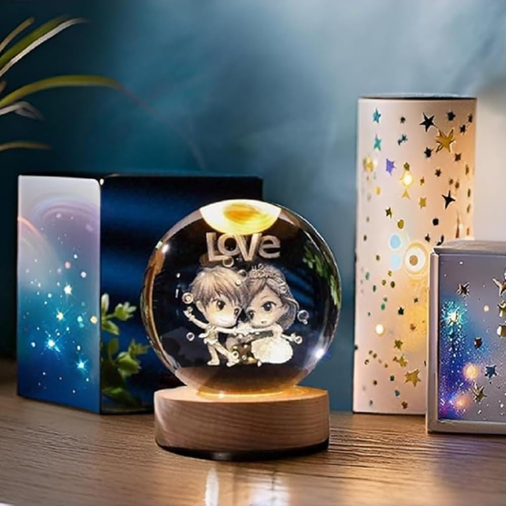 Desidiya Love 3D Crystal Ball Night Light with LED Wooden Stand, Room Decor Glass Sphere Light for Home Decoration Gifts for Women Men Dad Mom Kids Girlfriend 4