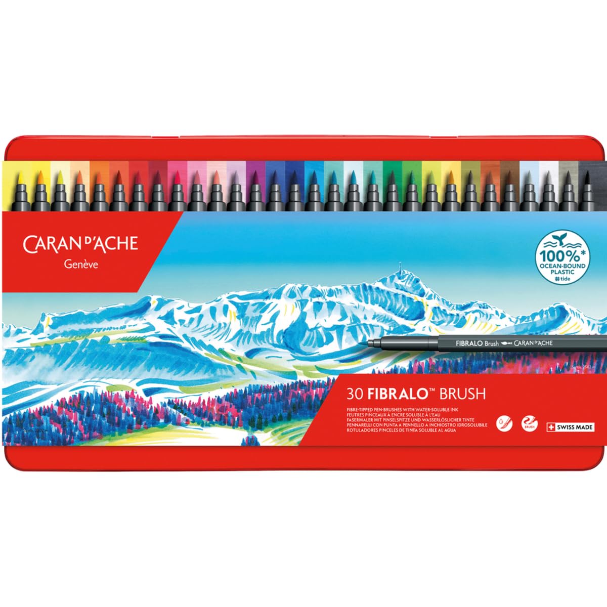Caran d'Ache Fibralo Brush Pens with Water-Soluble Ink Metal Box 30 Assorted Colours, Fine, Thick Lines, Calligraphy, Bullet Journaling, Writing, Water-Colour, Line Width 0.5 to 5mm, Artist Supplies