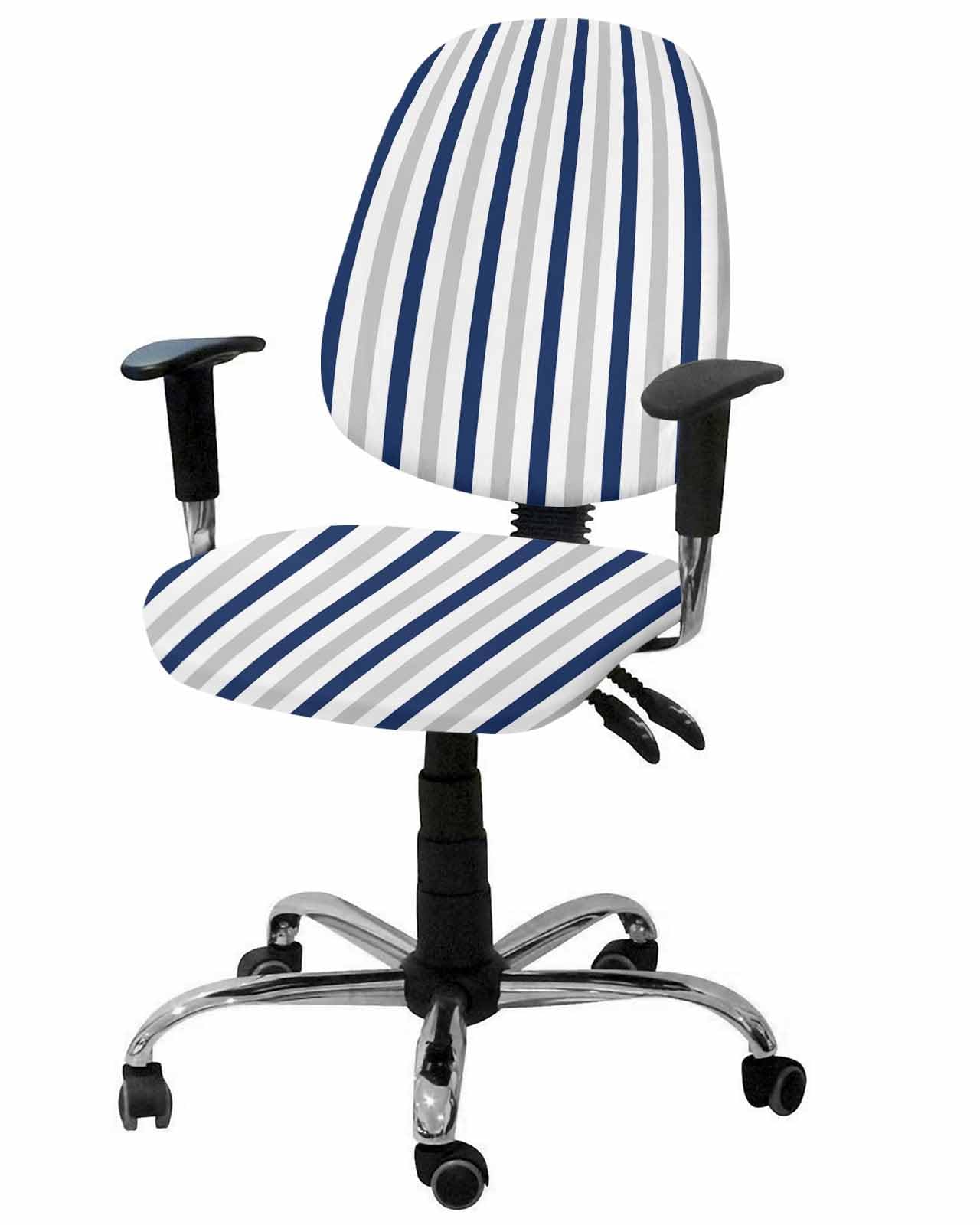Navy Blue Gray White 2 Pieces Computer Office Chair Covers Set,Stretchable Desk Rotating Chair Seat Cushion Slipcover Back Covers,Modern Simple Vertical Striped Slipcover Back Cover,Protectors Cover
