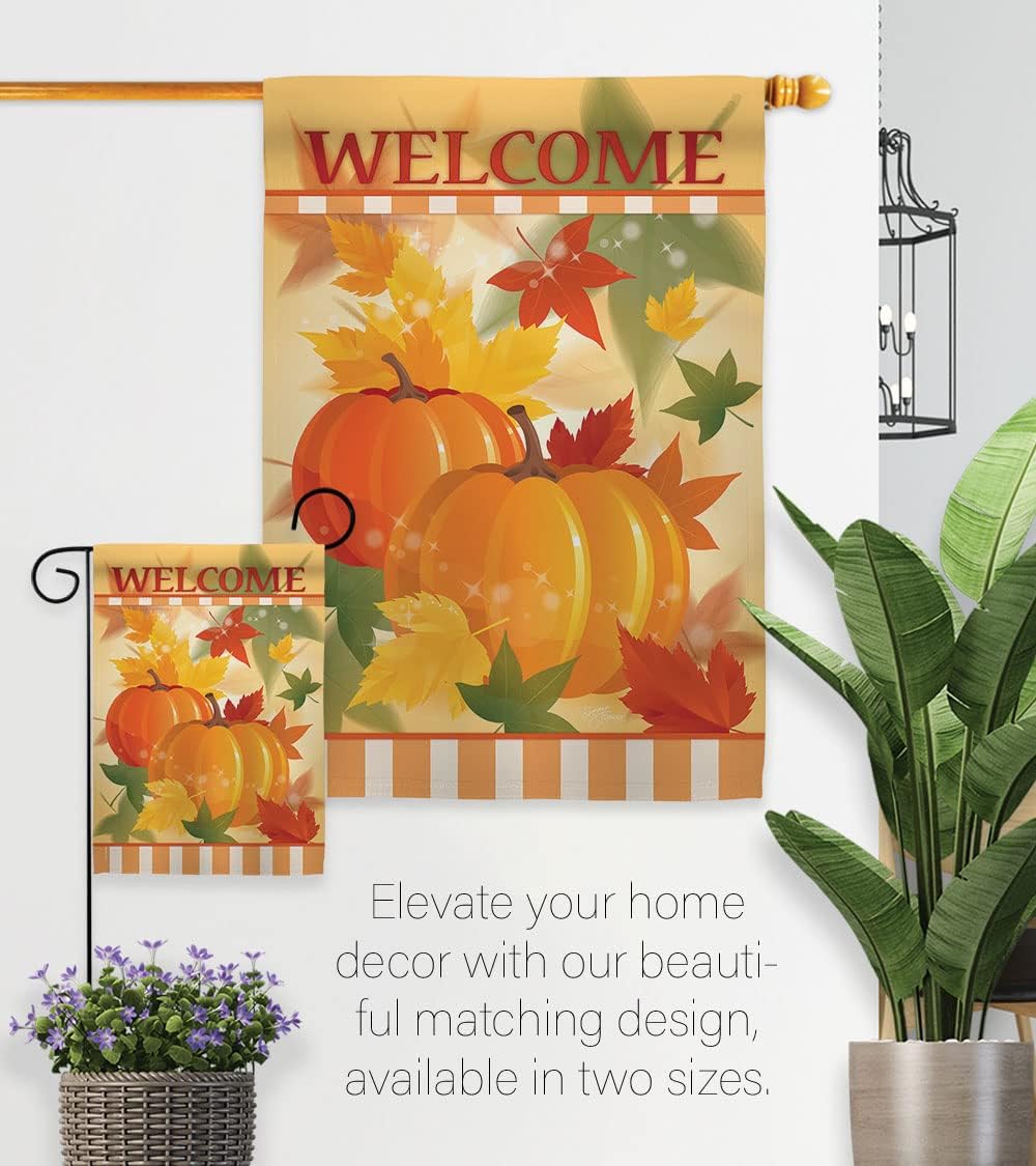 Welcome Fall Pumpkins House Flag - Pack Harvest & Autumn Scarecrow Pumkins Sunflower Leaves Season Autumntime Gathering USA Embroidery - Banner Small Garden Yard Gift Double-Sided Imported 28 X 40