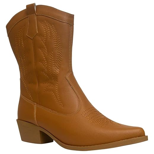 Bota Feminina Western Texana Bordada Cano Médio Salto Grosso Bico Fino Confortável