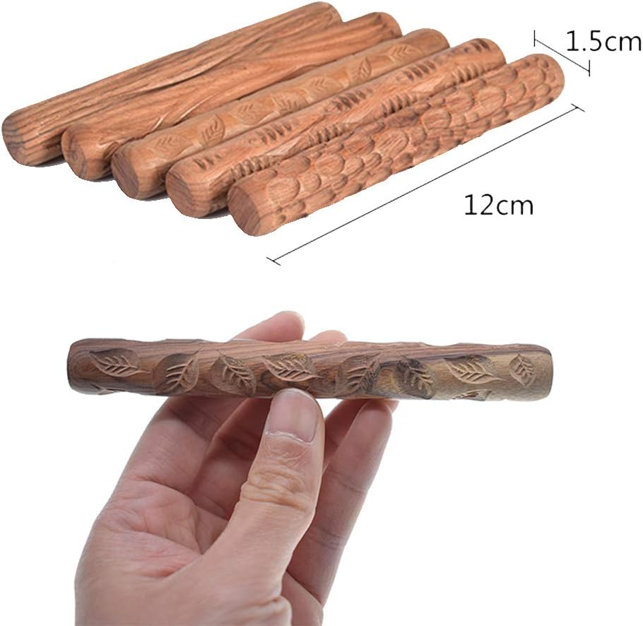 Yushen 5Pcs Wooden Clay Texture Rolling Emboss Plaid Hand Rollers Polymer Clay Ceramic Pattern Pottery Tools