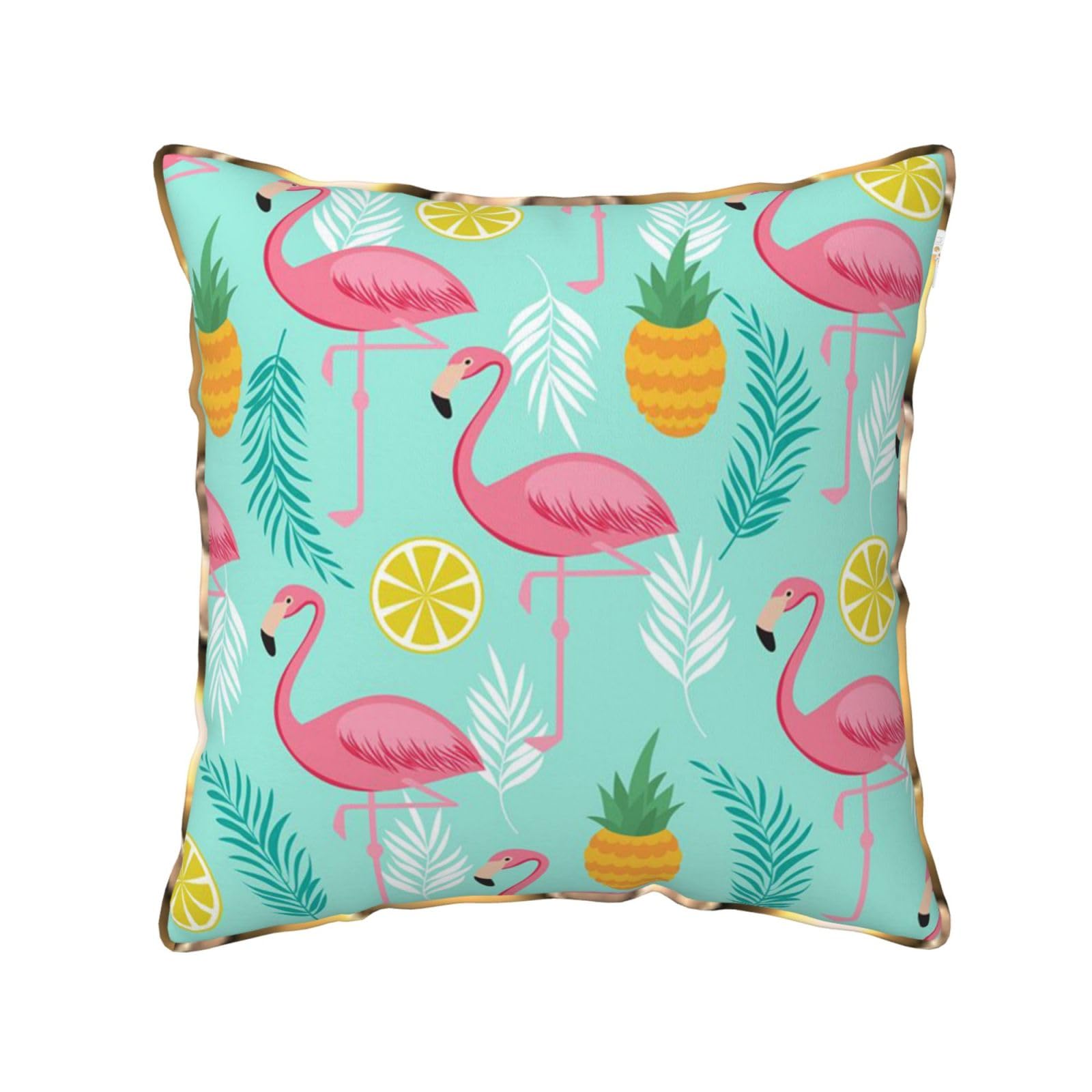 AUBKFELD Flamingo Printed Velvet Cushion Cover 50x50 CM with Gold Edging Strip, Square Pillowcase Soft Throw Pillow Covers Case Decorative for Living Room Sofa Couch Bed Bench