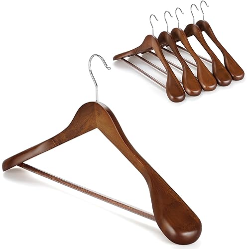TOPIA HANGER Wide Shoulder Wooden Hangers, Suit Hangers with Non Slip Pants Bar & 360° Swivel Hook, Solid Wood Heavy Duty Coat Hanger, 6 Pack (Walnut)-CT02WA