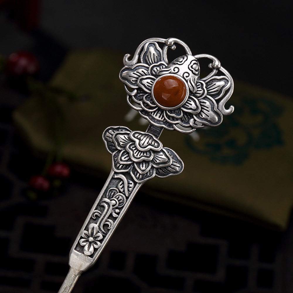 Chińska biżuteria do włosów, Spinka do włosów vintage, 925 srebro, damskie długie włosy, chińska spinka do włosów retro, piwonia, rzeźbienie, czerwony agat, koraliki do włosów, pałeczki do jedzenia
