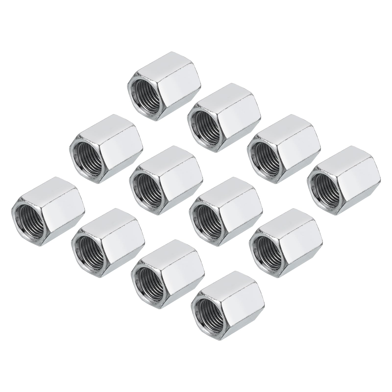 sourcing map M10 x 1 Pitch Carbon Steel Hex Coupling Nuts, 12Pcs 15mm/ 0.6" Length Fully Threaded Rod Coupling Nut Stud Fine Thread Pipe Connector Fasteners, Silver