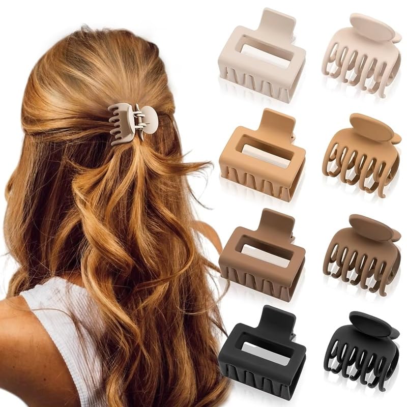 Matte Hair Clips for Women and Girls - Rectangle and Double Row Small Claw Clips for Thin/Medium Fine Hair - Nonslip Jaw Clips (Beige, Khaki, Brown, Black)