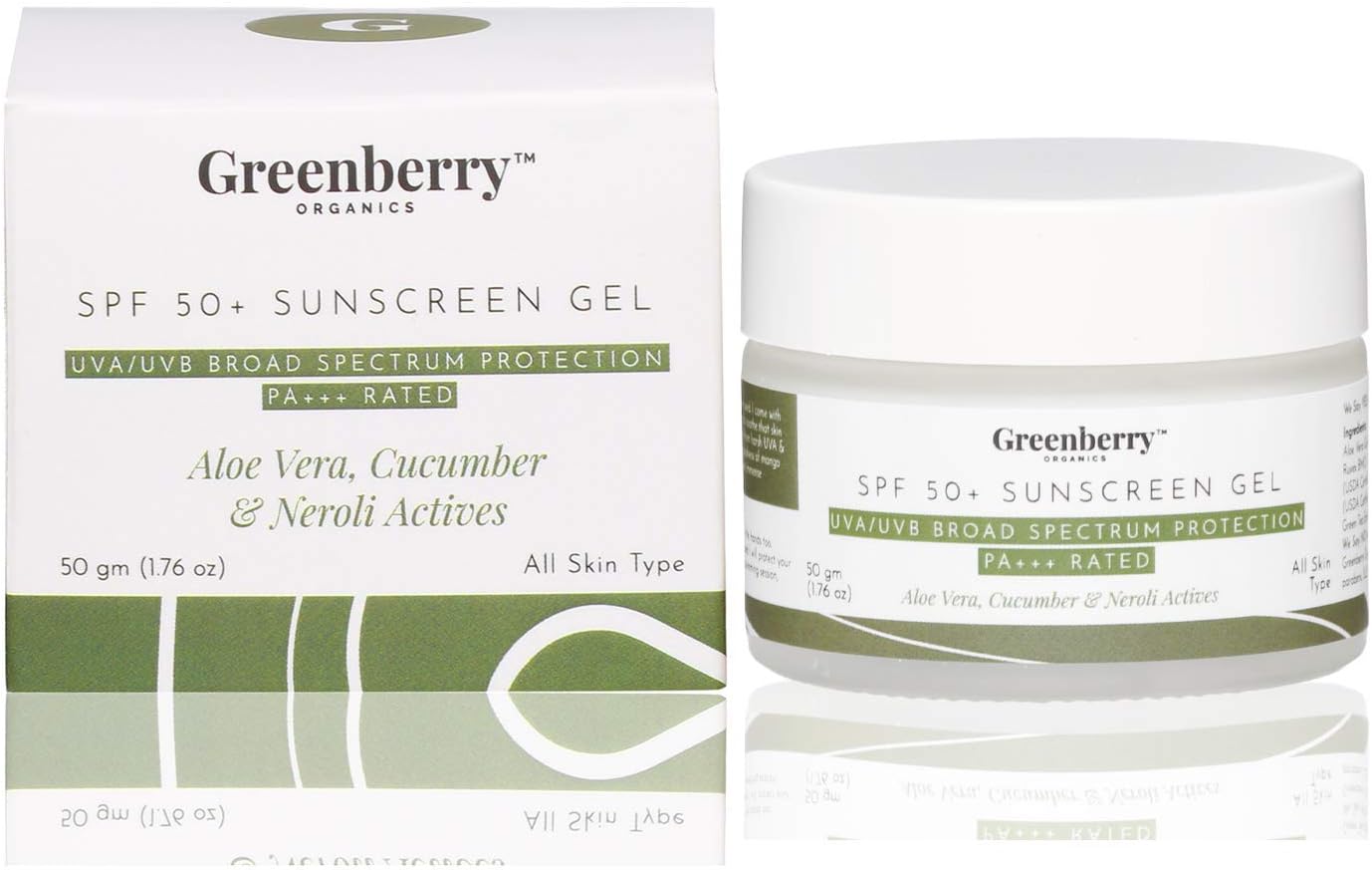 Greenberry Organics SPF 50+ Sunscreen Gel, UVA/UVB Broad Spectrum Protection with PA+++, Aloe Vera, Cucumber & Neroli Extracts, Men & Women, Daily Use, 50 Gram
