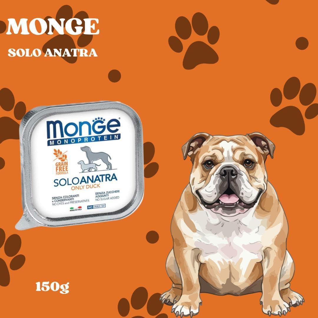 Monge Monoprotein umido cane gusto SOLO ANATRA formula grainfree | 12 vaschette da 150 grammi l'una.