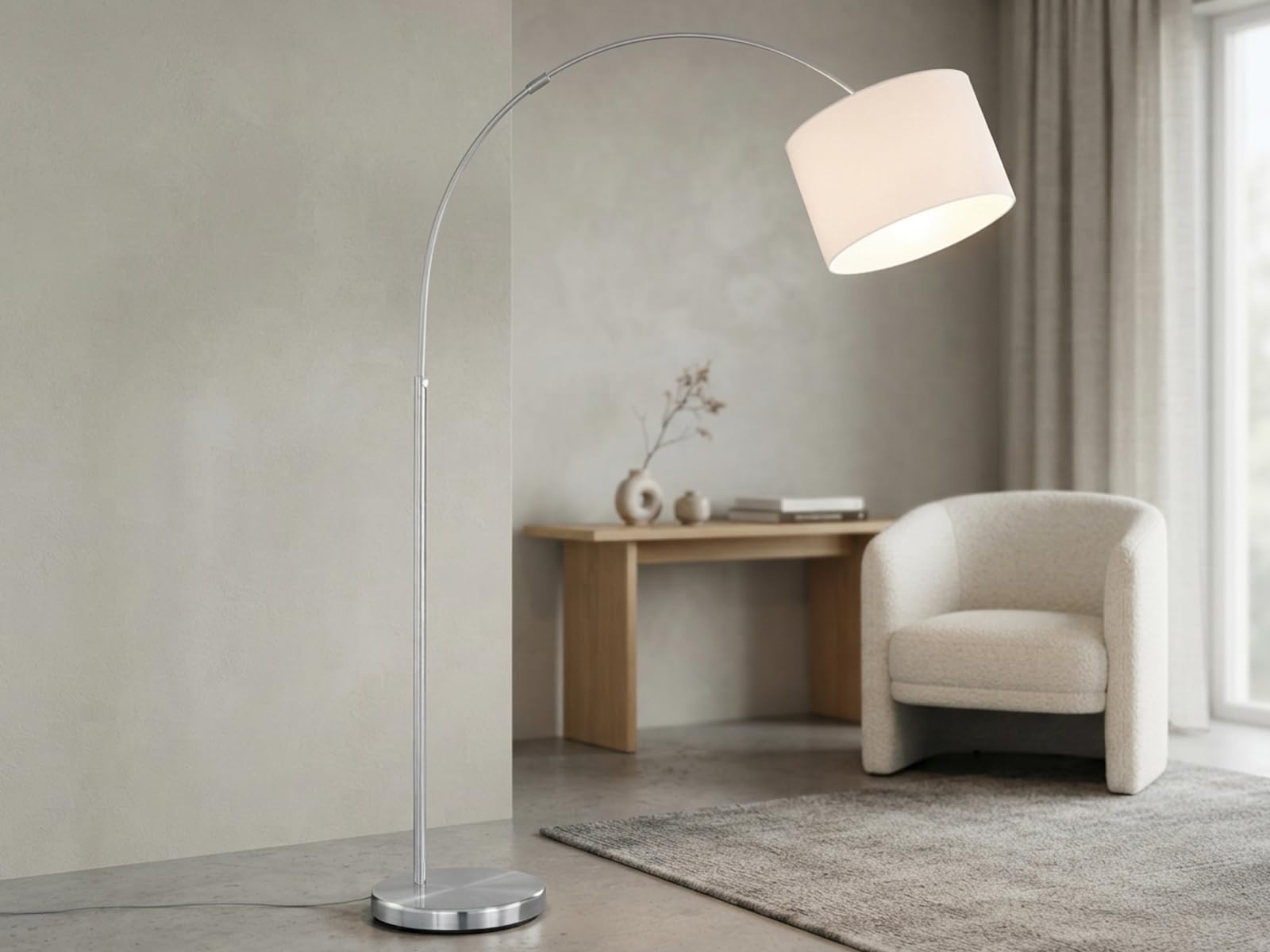 meineWunschleuchte Lampada ad arco regolabile in altezza con paralume in tessuto, colore bianco, altezza max. 215 cm