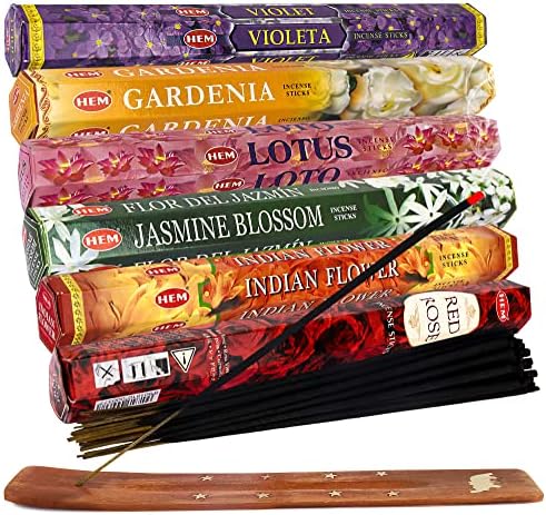 Hem Handcrafted Incense Sticks Gift Set - Indian Flower, Lotus, Red Rose, Jasmine Blossom, Gardenia and Violet Variety Insence Stick- Set of 6 Insenses (120 Sticks) (Hem Hexa Lotus Floral 2)
