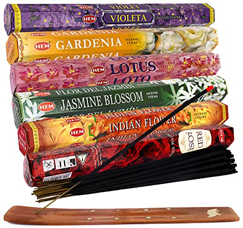 Hem Handcrafted Incense Sticks Gift Set - Indian Flower, Lotus, Red Rose, Jasmine Blossom, Gardenia And Violet Variety Insence Stick- Set Of 6 Insenses (120 Sticks) (Hem Hexa Lotus Floral 2) #TOP13