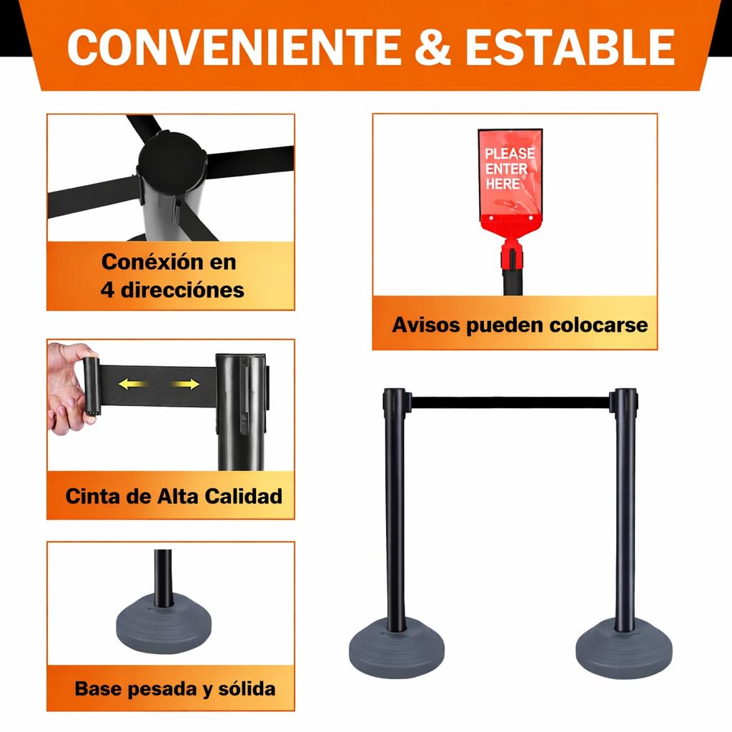 Juego de 6 postes con cinta retráctil, Poste de barrera, Cintas retráctiles de 305 cm, Barrera de seguridad para la gestión de multitudes (Negro, base rellenable con agua)