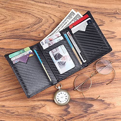 Image of Brooklyn Bridge Genuine Leather Trifold Wallet for Men Genuine Leather Trifold Wallet Card Holder for Men, RFID Protection, Mens Wallet, Purse, Tri Fold, ID Card, Gift for Men Boys Carbon Fiber Black