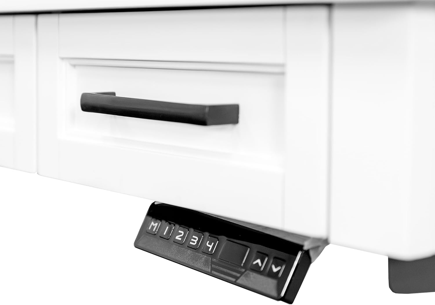 White Adjustable Height L-Desk with USB Ports and Drawer
