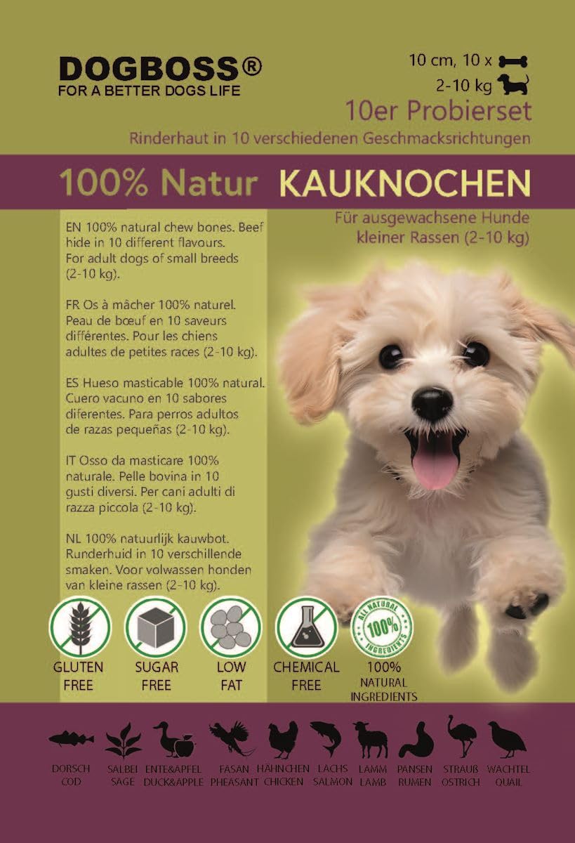 DOGBOSS Osseaux à mâcher 100% naturels spécialement pour petits chiens (2-10kg) en différentes saveurs (Pack d'essai de 10 pièces 10 cm)