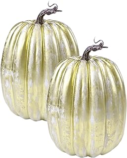 8 Inch Large Gold Plastic Pumpkins for Decorating - 2PCS Big Decorative Foam Pumpkins for Fall Decor, Artificial Plastic Pumpkins Perfect for Halloween Decor Thanksgiving Table Decor