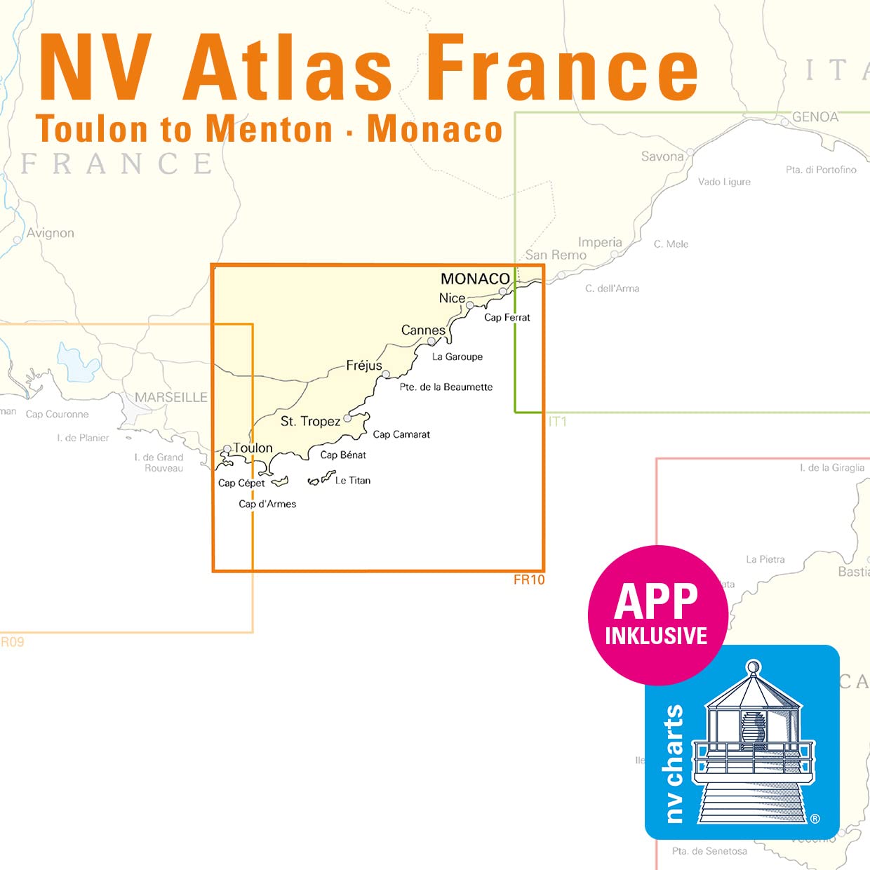 NV Atlas France FR 10 mit App Lizenz- Seekarte Frankreich - Toulon to Menton mit Monaco mit Monaco und Nizza