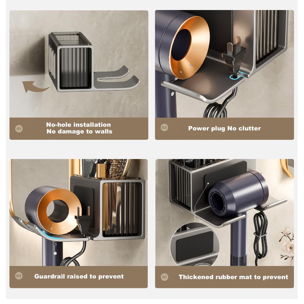 Soporte para secador de pelo montado en la pared, con caja organizadora extraíble individualmente, soporte de aluminio para secador de pelo para baño, organizadores de salón y almacenamiento