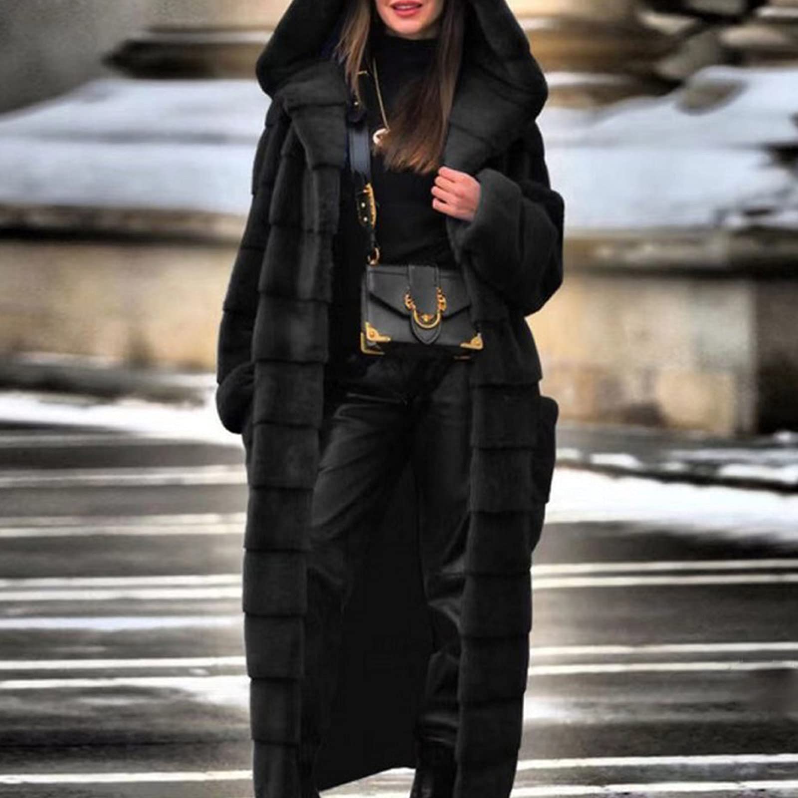 Veste en fourrure synthétique pour femme - Manteau d'hiver long en fourrure synthétique - Manteau de transition élégant - Longue veste de transition avec capuche - Veste d'hiver chaude en fausse