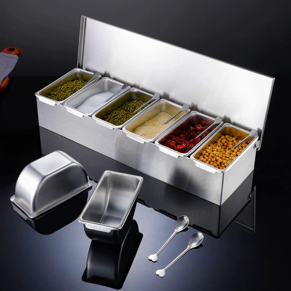 Set portaspezie in acciaio inox, 6 padelle da cucina con cucchiaio, contenitore compatto per condimenti e spezie, design a più scomparti, 27,7 x 16,3 x 8,9 cm