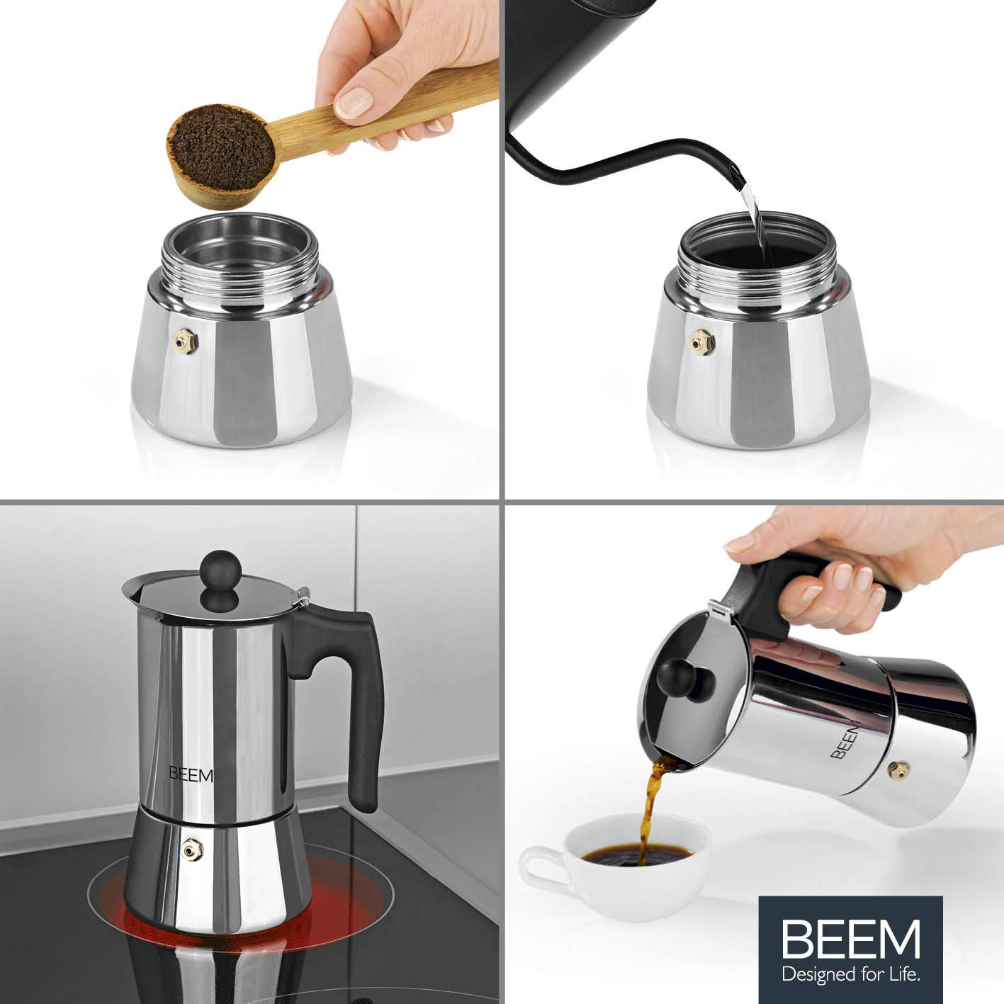 BEEM ESPRESSOMAKER Espressokocher - 4 Tassen | Herdkocher | Induktion | Edelstahl | Espresso - Kanne | Mokkakanne | Klassisch | 200 ml