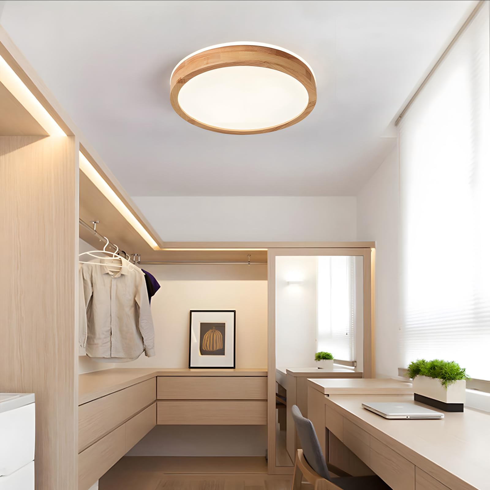 Lámpara De Techo LED De Madera | Ø30cm 3000K 1620Lm 18W | Lámpara De Techo Redondo De Madera Natural Con Brillo De 360°, Dormitorio, Sala De Estar, Habitación De Los Niños (Blanco Cálido)