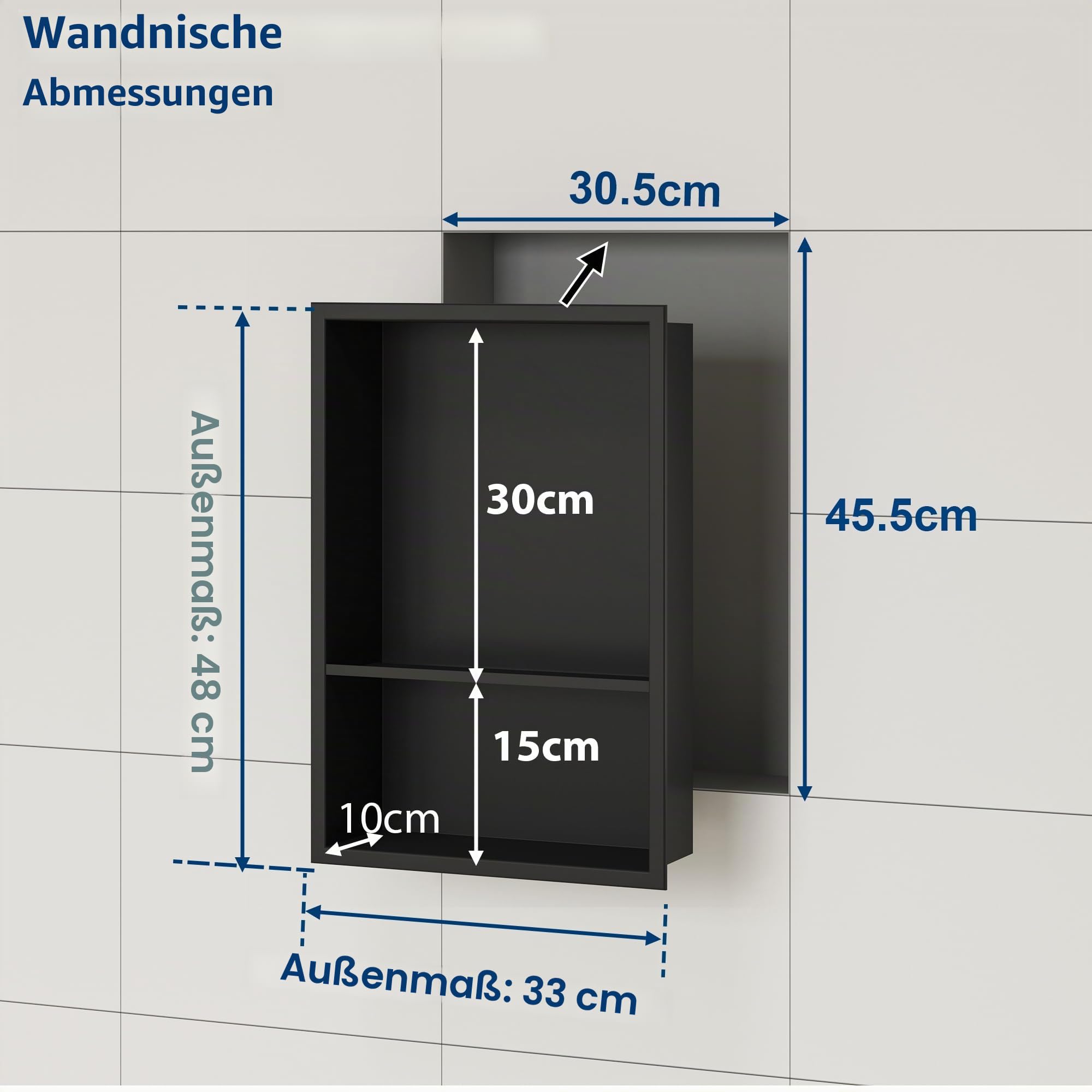 Neodrain Wandnische Dusche Edelstahl Duschnische Doppelnische Lagerung für Badezimmer 45 x 30, Schwarz