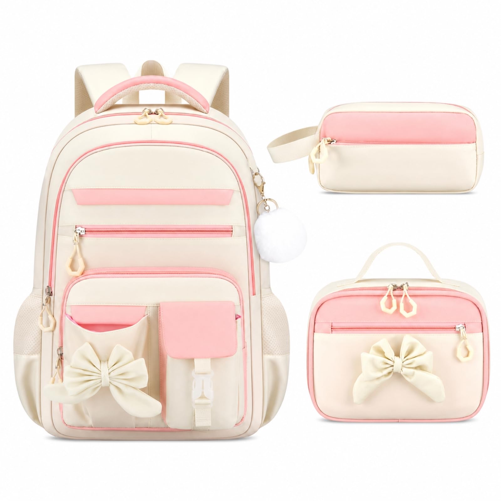 Zaino da Viaggio Crema Rosa Arco 3-in-1 Set per Ragazze Resistente all'Acqua Scuola con Borsa Pranzo E Custodia A Matita