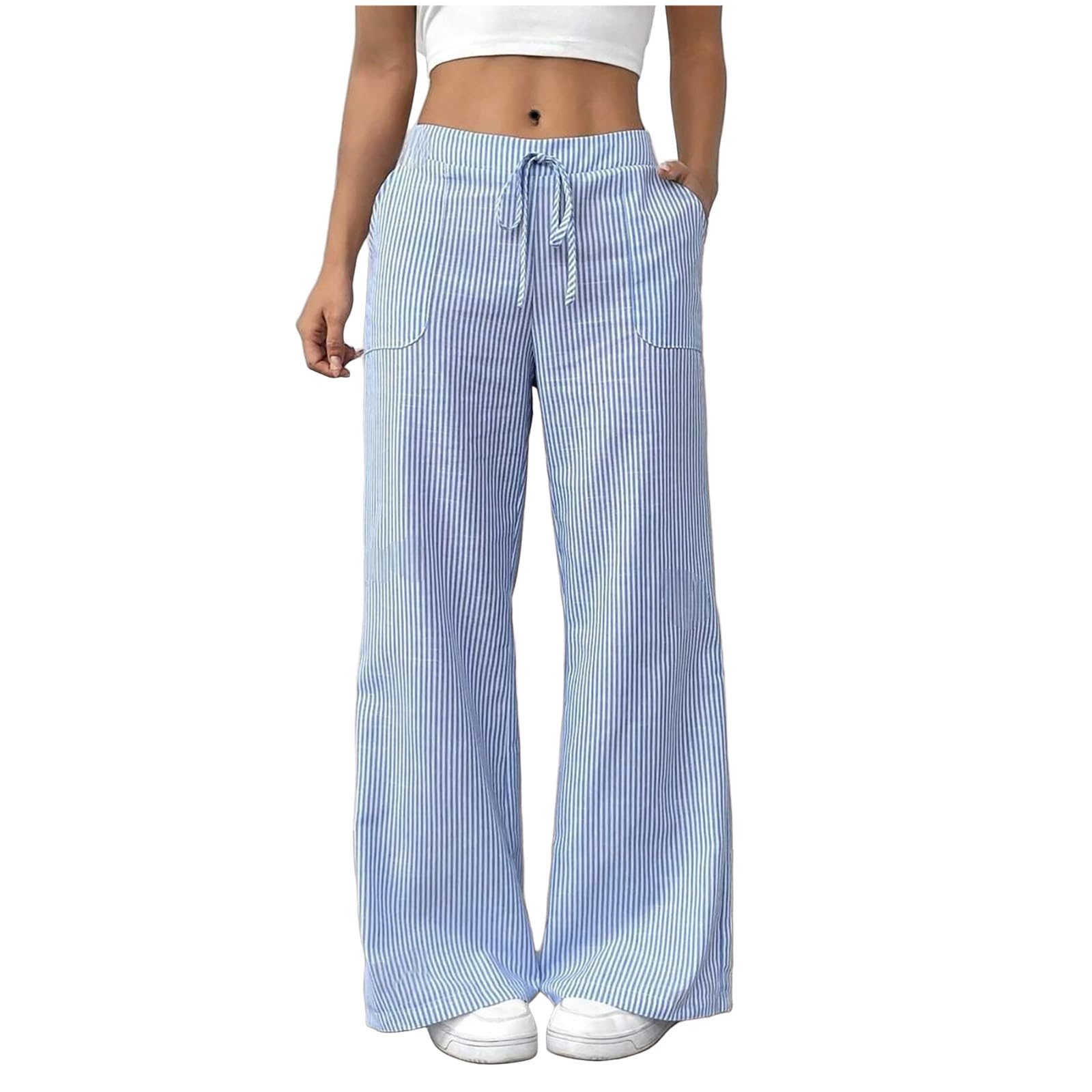 Striped Linen Pants for Women High Waisted Wide Leg Trendy Beach Pull On Elastic Waist Casual Flowy Pants