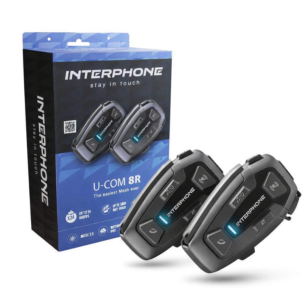 INTERPHONE UCOM8R - Doppio - Interfono Moto con Comunicazione Mesh 3.0, Fino a 24 Piloti, Distanza 1,6 Km, Autonomia 18 ore, Compatibile TFT e GPS, Impermeabile, Speaker HD 40mm