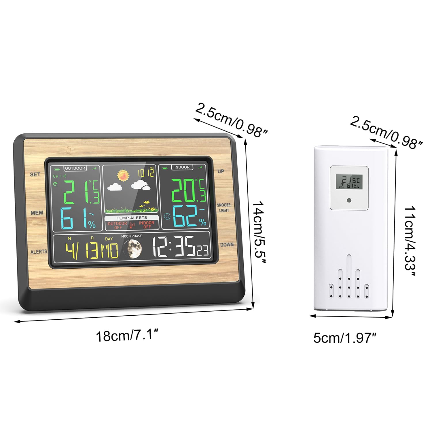 Digitales LCD-Thermohygrometer Uhr mit Funk-Sensor Einstellbarer Helligkeit Alarm bei Grenzwertüberschreitung Wettervorhersage Temperatur- und Feuchtigkeitsanzeige für Hause Drinnen Draußen
