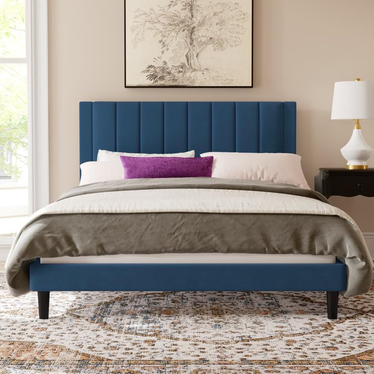 Image of HITHOS Modern Upholstered Queen Size Bed with Wingback Headboard | Wooden Double Bed Cot Palang Without Storage for Living Room Bedroom Home (Navy Blue) 1 Year Warranty
