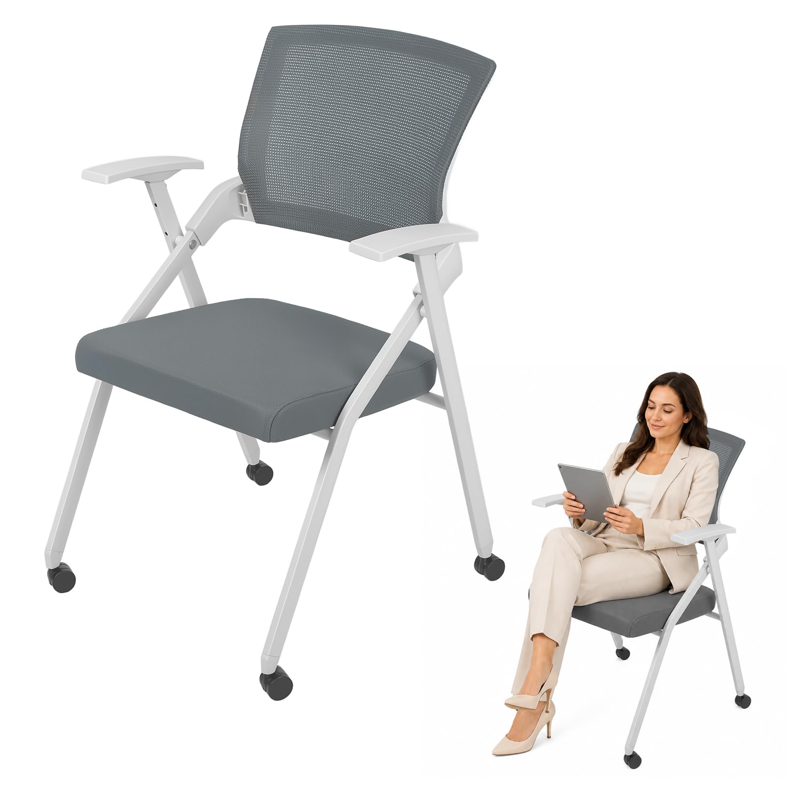 Foldable Office Chairs with PU Wheel and Armrest, Indoor Outdoor Portable Stackable Commercial Seat, Ergonomic Mesh Back Conference Room Chair