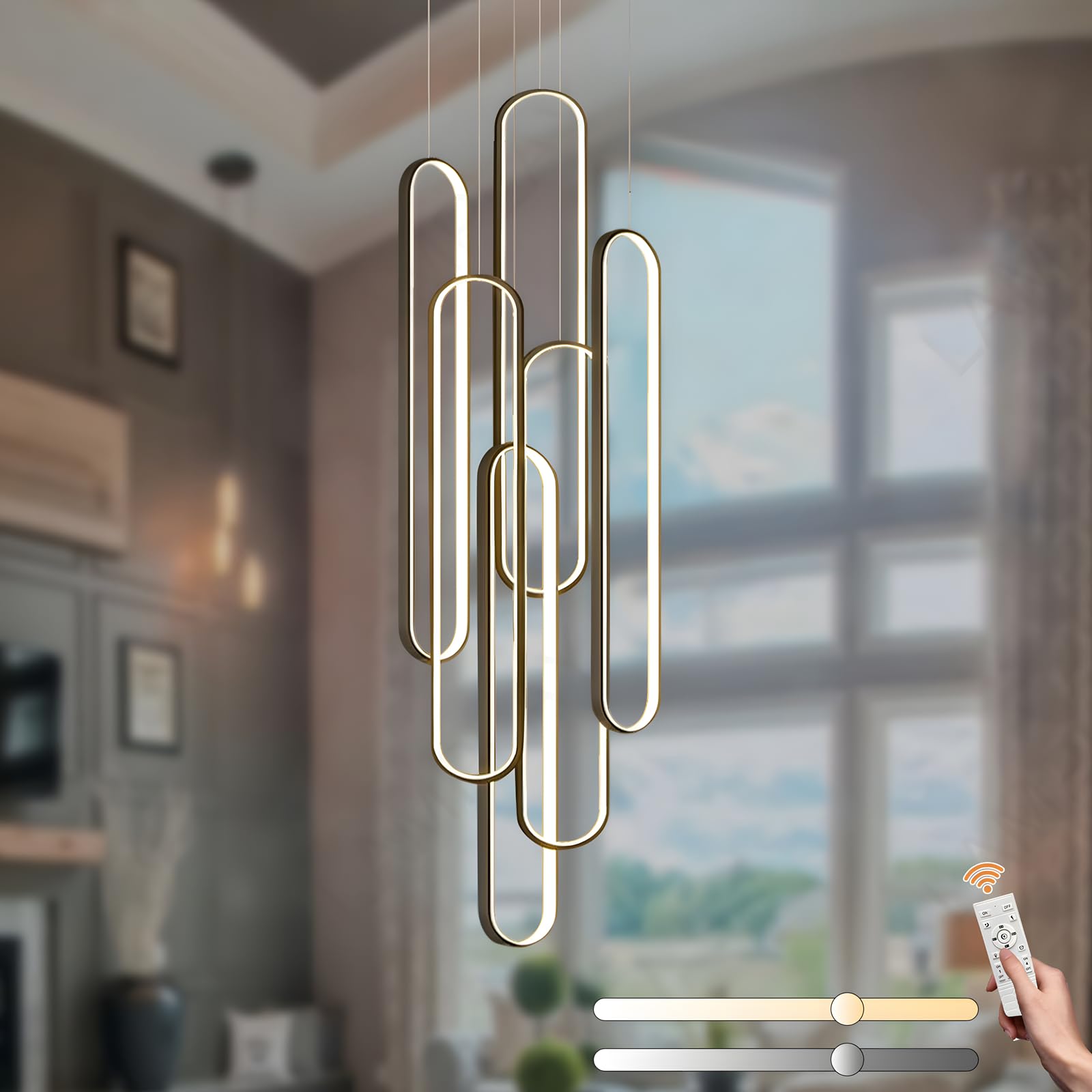 SYAXVOM Modern Black Chandelier - Height Adjustable 6-Ring Fixture for High Ceilings Dimmable 3000K-6000K Remote Control Perfect Living Room & Hallway