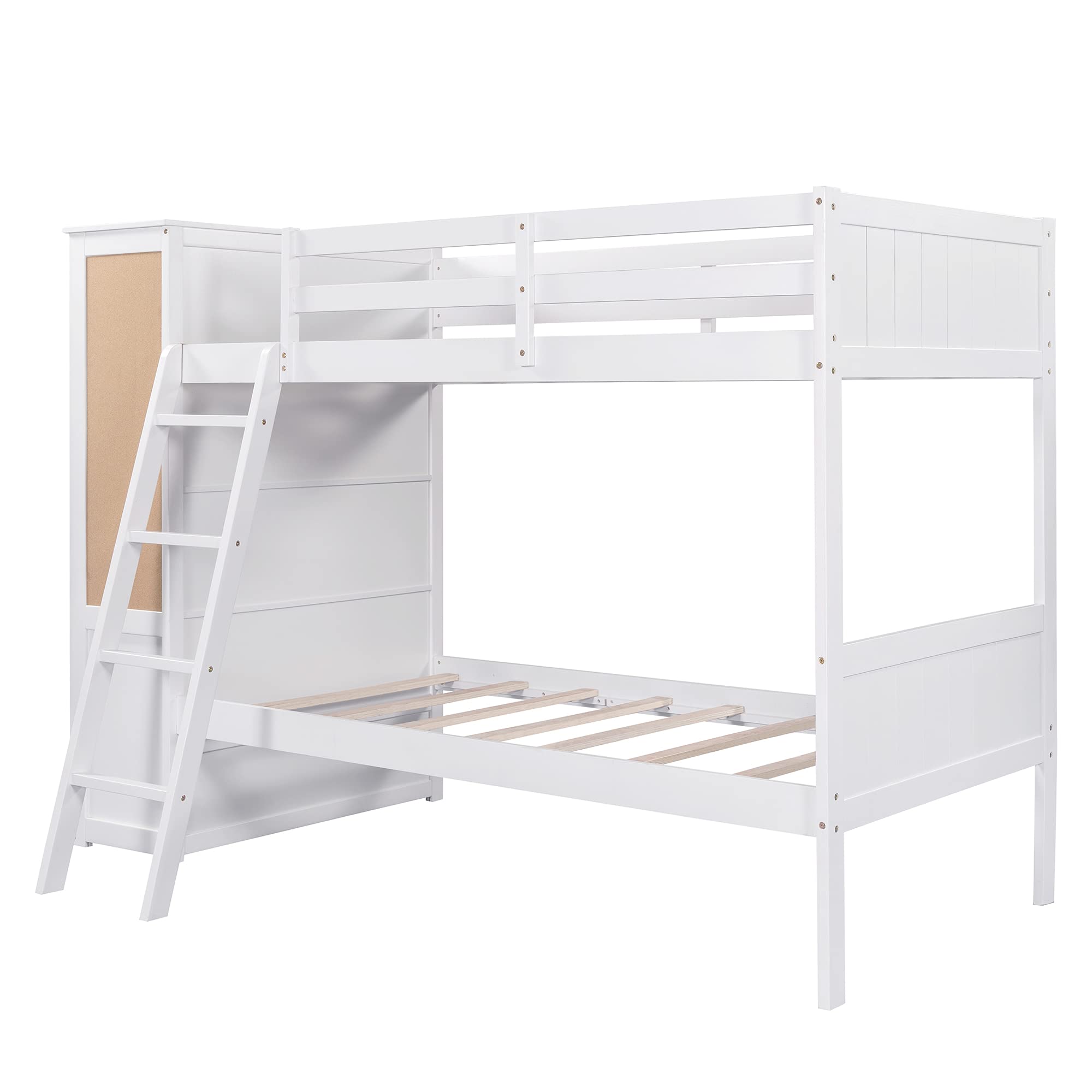 Merax Twin Over Twin Wood Bunk Bed with Bookcase, Storage Drawers, Cork