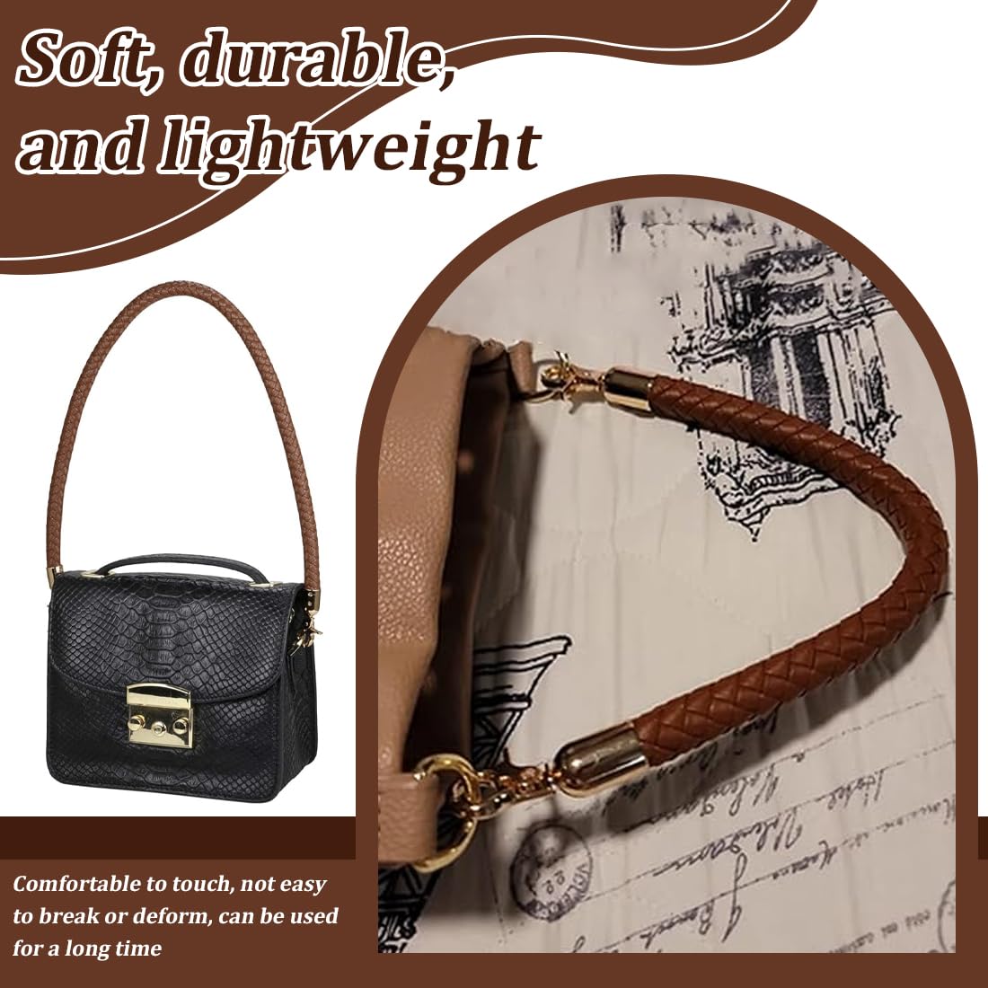 2 Pezzi Tracolla in Pelle per Borsa, Manico di Ricambio Corto Intrecciata PU con Fibbie Metallo per Borsetta Fai da Te Borse a Mano, 60cm, Cinturino Marrone