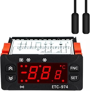 Intelligenter Digitaler Temperaturregler -974 mit Dual-Sensor, 230VAC Thermostat für Kühlung & Entfrostung, Messbereich -50~110°C, 8A Relay, 2m Fühler