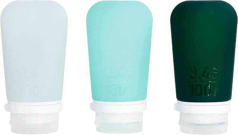Frascos de silicone recarregáveis humangear GoToob+ com tampa de trava, 3 unidades, 100 mL, Spring Green/Mint Green/Forest Green