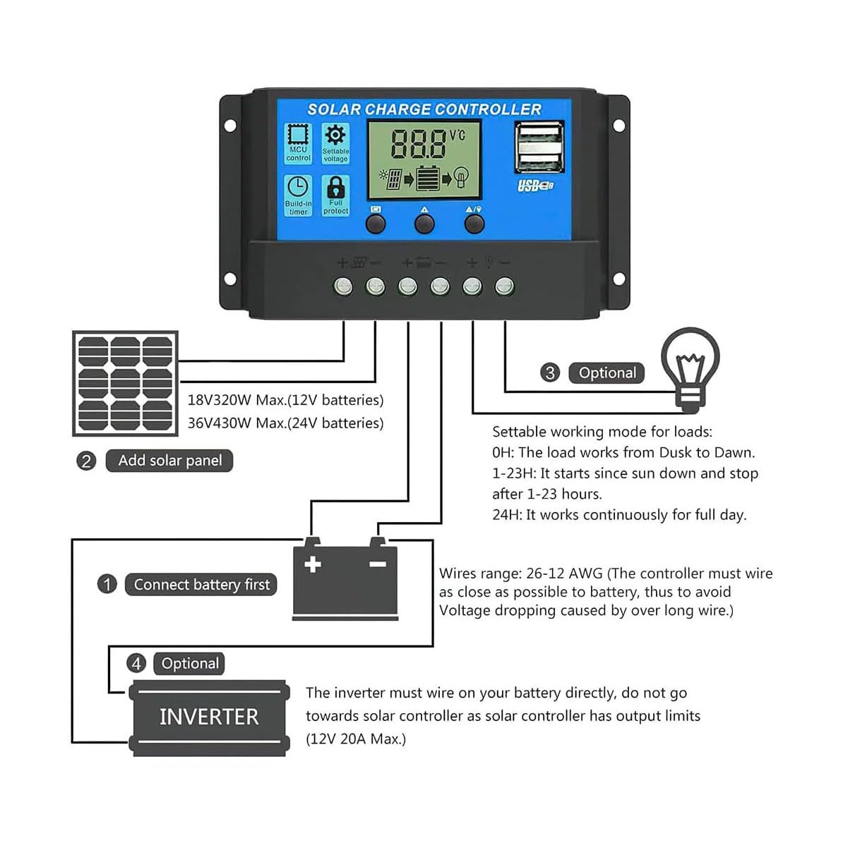 12 V/24 V, pannello solare smart, regolatore di carica PWM, regolatore solare con display LCD e 5 V, doppia port USB, protezione da sovracorrente, na baterię fotowoltaiczną (10 A)