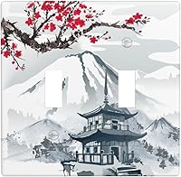 Vista 2 de Toggle Light Switch Wall Plate, Japanese Cherry Blossoms Mountain Tower Double Switch Cover, Size 2-Gang 4.5" X 4.5