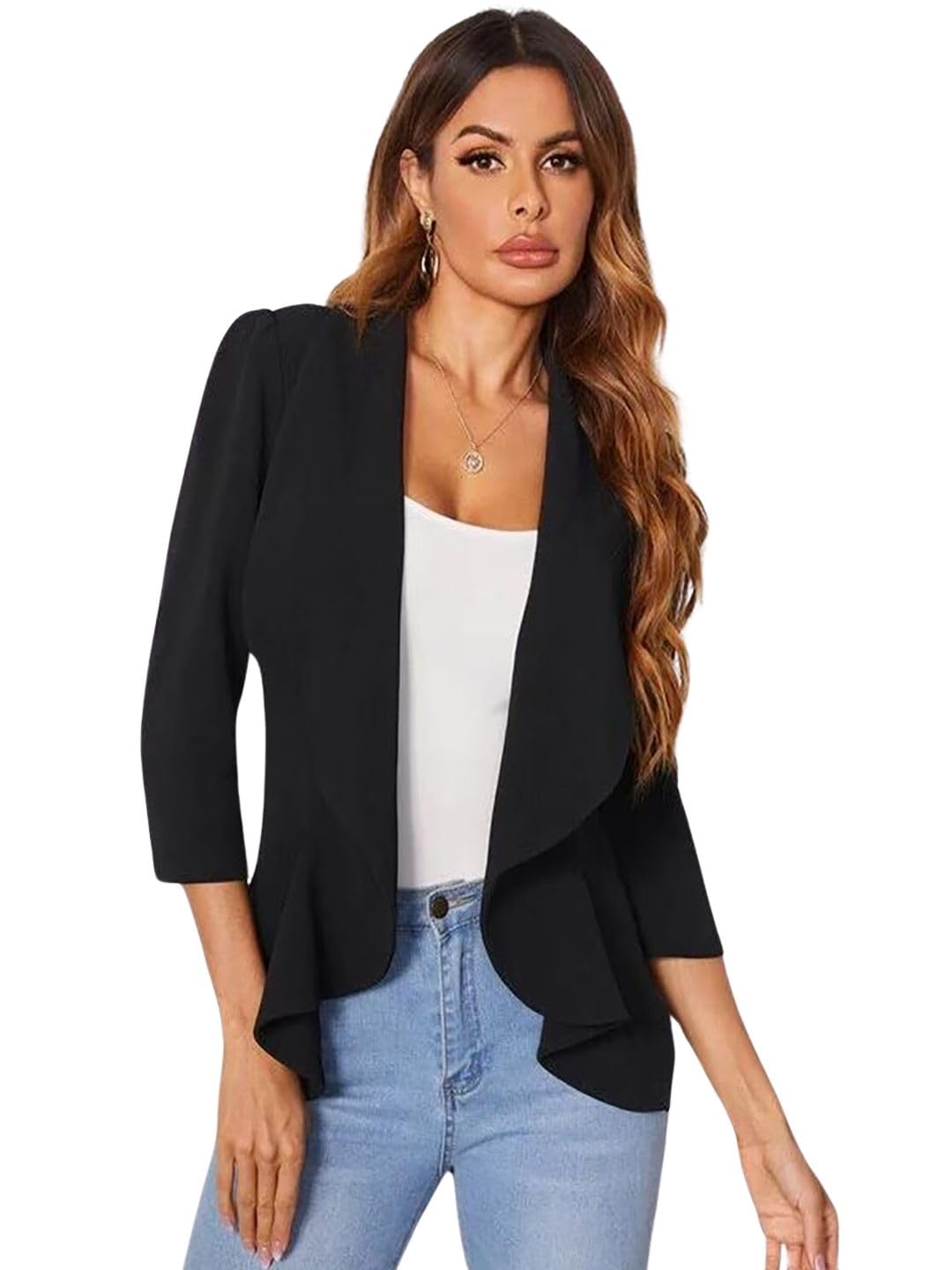 Open Front Sleek Black Solid Women's Blazer-picture-50