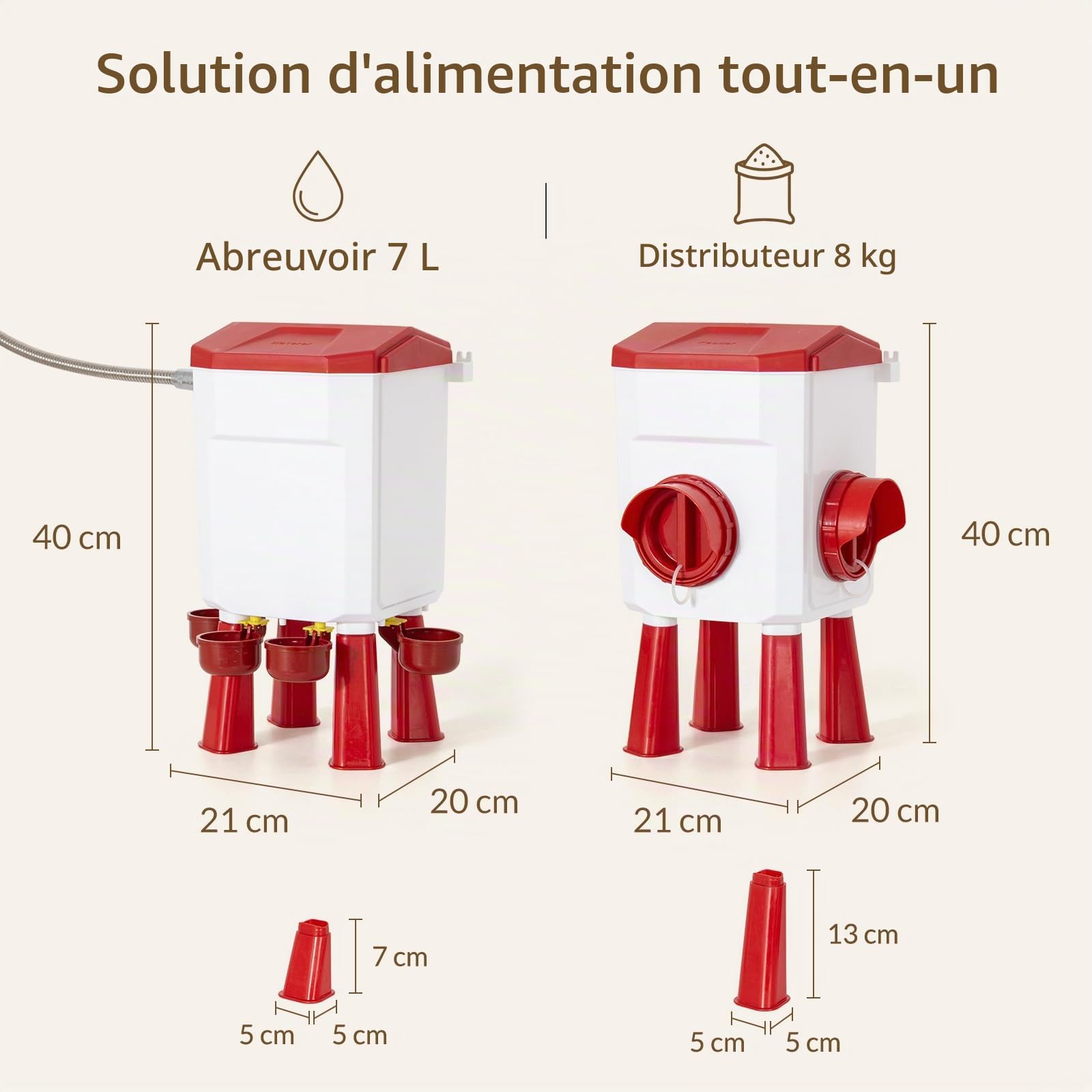 Todeco Kit Mangeoire 8 kg et Abreuvoir Automatique 7 L pour Poules | 2 Ports, 4 Bols, Flotteur Automatique, Raccordable aux Robinets, sur Pieds, Murale ou Suspendue, pour Volailles