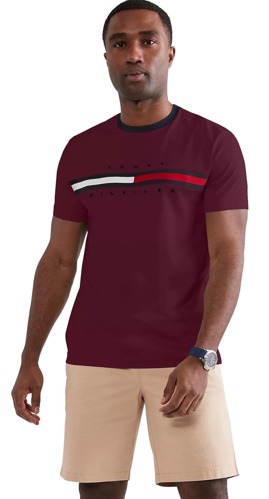 TOMMY HILFIGER Mens Regular Fit Flag Embroidered Crew Neck T-Shirt 2024 Collection Large White